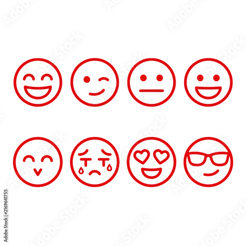 Red line emoticons and smiley faces line icons depicting emotional expressions for customer feedback and satisfaction
