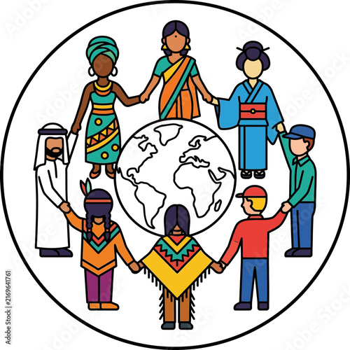 A diverse group of people holding hands around a world globe to promote global unity and culture within a circular frame.