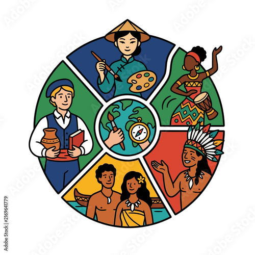 A colorful circular illustration celebrating global diversity and various world culture traditions with diverse people representing their unique