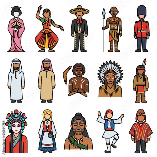 Diverse global collection of people wearing traditional cultural costume sets representing various world ethnicities and heritage.