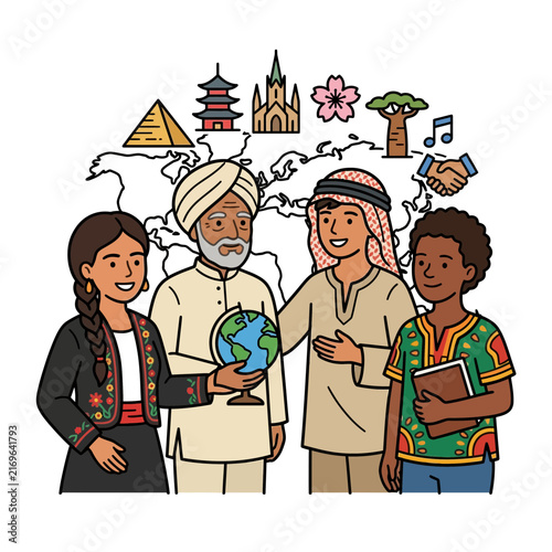 Multicultural people celebrating global diversity and unity through culture, education, and geography with international landmarks and a world map.