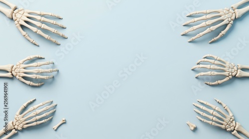 Six white skeletal hands arranged on a light blue background with a broken bone fragment among the composition.