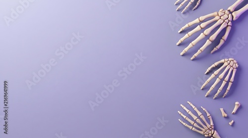 Light purple background featuring multiple white skeleton hands arranged vertically along the right side as a decorative graphic element.