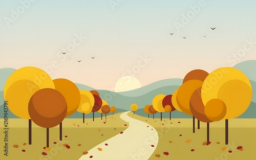 Flat Vector Autumn Landscape Sunset Winding Path Orange Trees Illustration