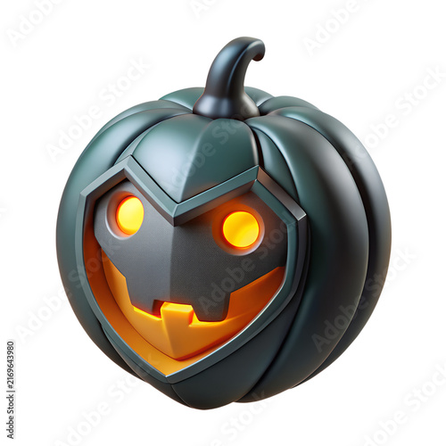 Futuristic pumpkin with glowing cyan accents and internal orange light features isolated as a festive holiday icon on transparent background