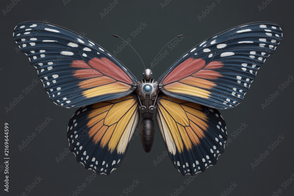 Obraz premium Mechanical butterfly with metallic body and vibrant patterned wings