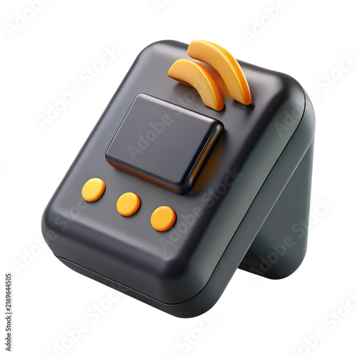 Digital radio receiver icon featuring sleek black casing with vibrant yellow interface elements displayed as isolated 3d render on transparent background