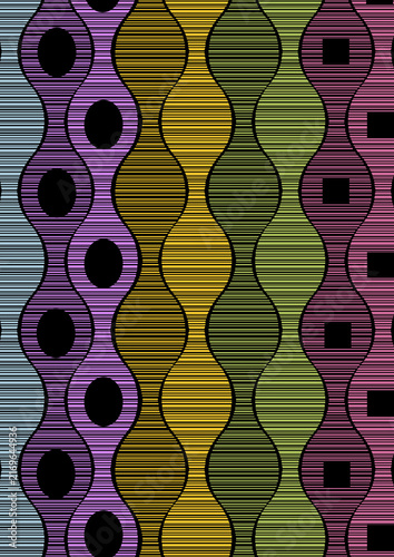 Seamless Retro 1970s Groovy Wave Pattern with Colorful Striped Shapes and Geometric Motifs
