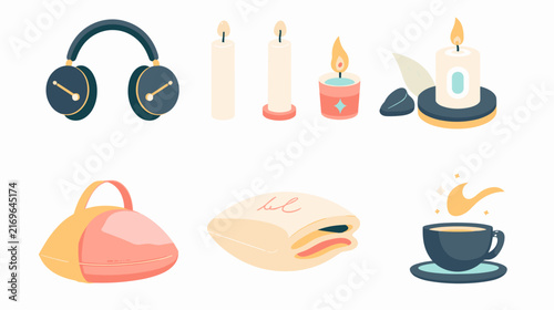 Bild auf Leinwand Cozy Relaxation Scene with Headphones Candles and a Cup of Tea on a Soft Blanket
