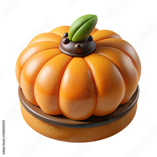 Delicious pumpkin shaped mousse cake featuring smooth orange glaze and a small green leaf decoration captured on transparent background