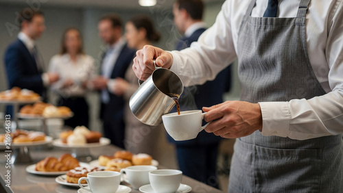 Waiter pouring hot coffee into cup at business conference break, corporate catering and hospitality service