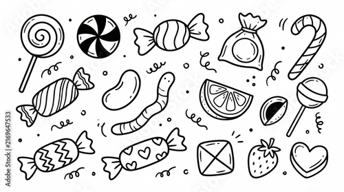 Hand drawn candy and sweet treats doodle icons set
