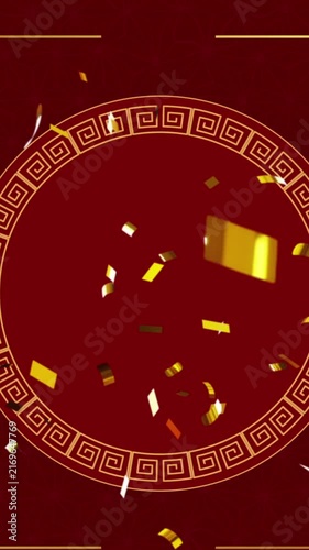 Animation of chinese traditional decorations and confetti on red background