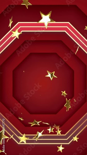 Animation of chinese traditional decorations and stars on red background