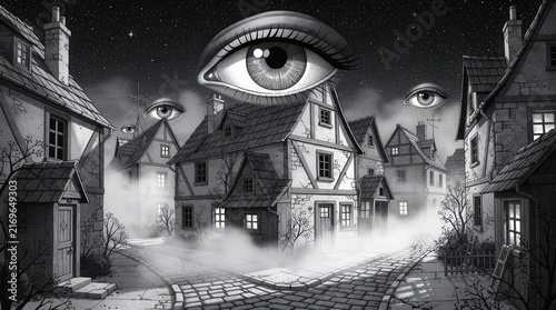 Surreal black-and-white village scene with eerie giant eyes floating in the foggy night sky above old European-style houses.