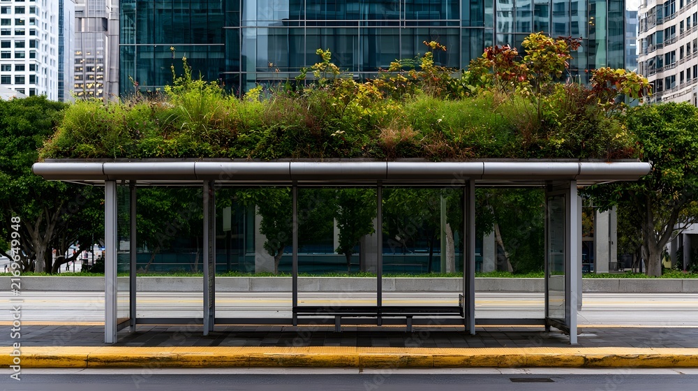 Fototapeta premium Modern bus stop shelter with green roof and glass panels set against urban glass buildings under daylight