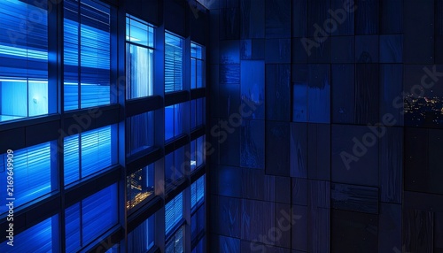 Modern Building Facade with Blue Light Reflections at Night.