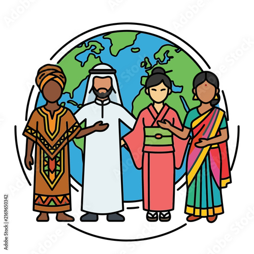 Diversity - Diverse people showcasing global unity and multicultural values standing together in front of a planet earth globe illustration for