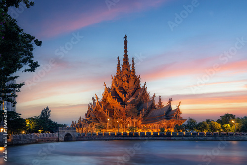 Beautiful scenery  sunset at Sanctuary of Truth. The Wood museum is an all-wood building filled located in Pattaya Thailand.