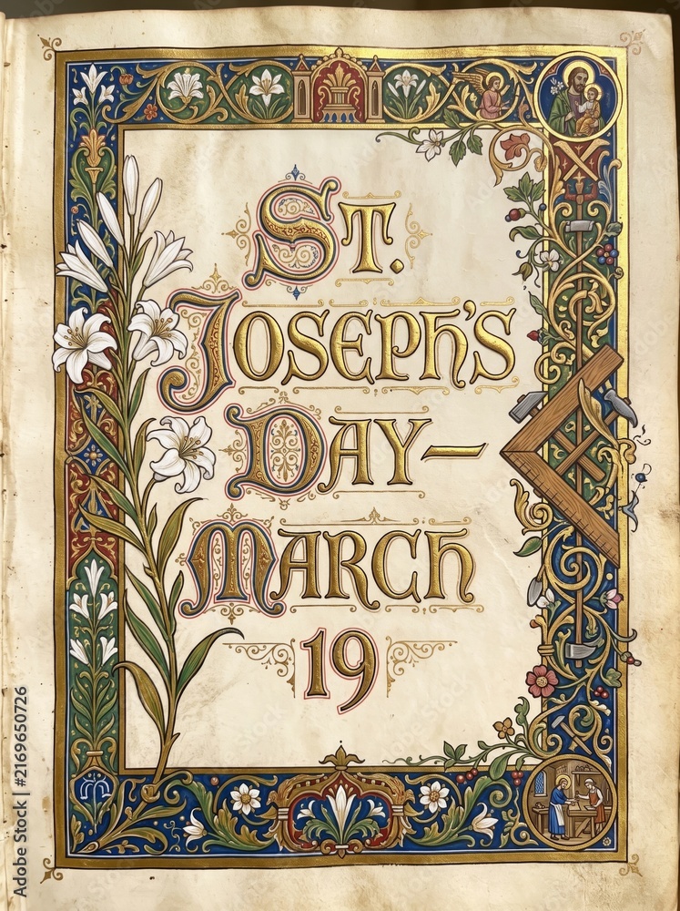 Fototapeta premium Ornate illuminated manuscript page displaying Saint Joseph and Mary with infant Jesus, floral borders, religious symbols, and medieval calligraphy celebrating Saint Josephs Day on March 19