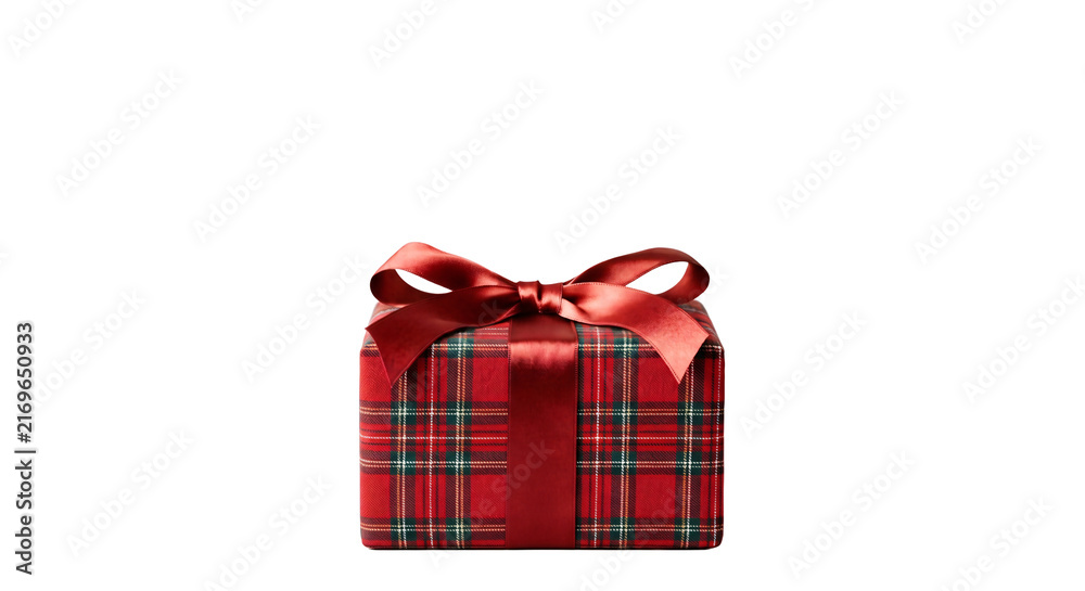 Naklejka premium Red plaid gift box with satin ribbon bow isolated