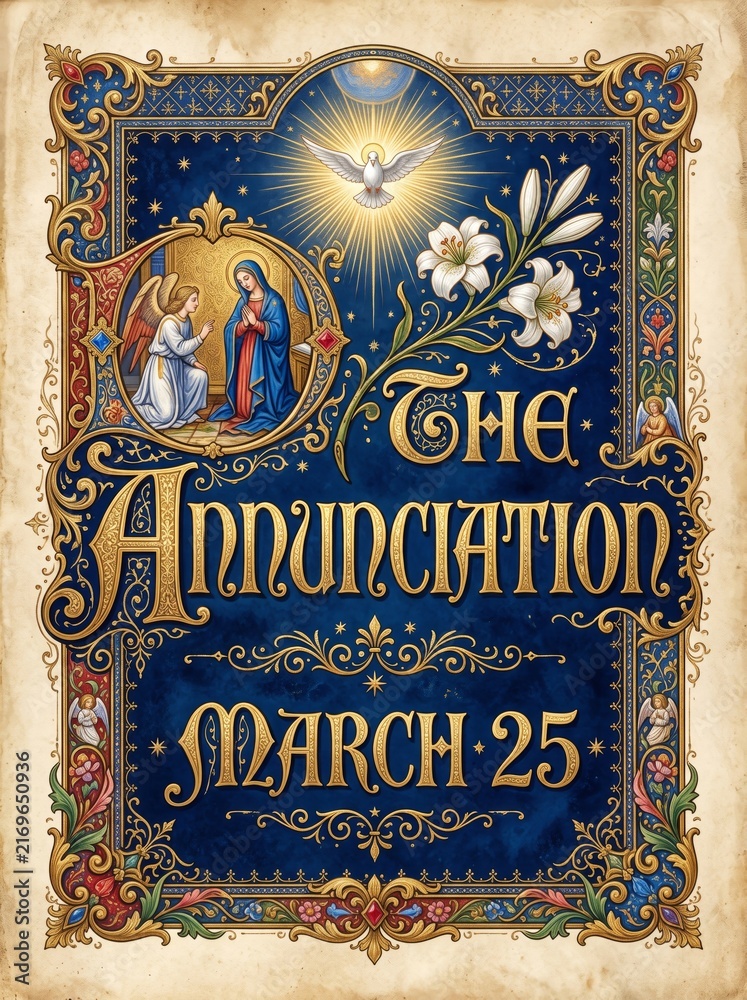 Fototapeta premium Ornate illuminated Easter greeting card with angel announcing to Mary, dove, lilies, gold lettering, and March 25 date. Religious medieval manuscript design for seasonal celebration.