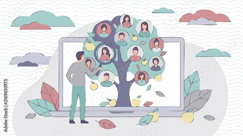 Foto Man searching family tree online on laptop, concept of genealogy research
