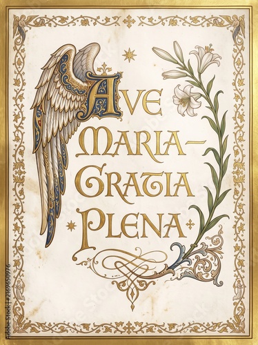 Vintage illuminated manuscript page with angel wing, lily and ornate border framing Ave Maria prayer text. Religious Christian artwork for devotional decor and sacred celebration