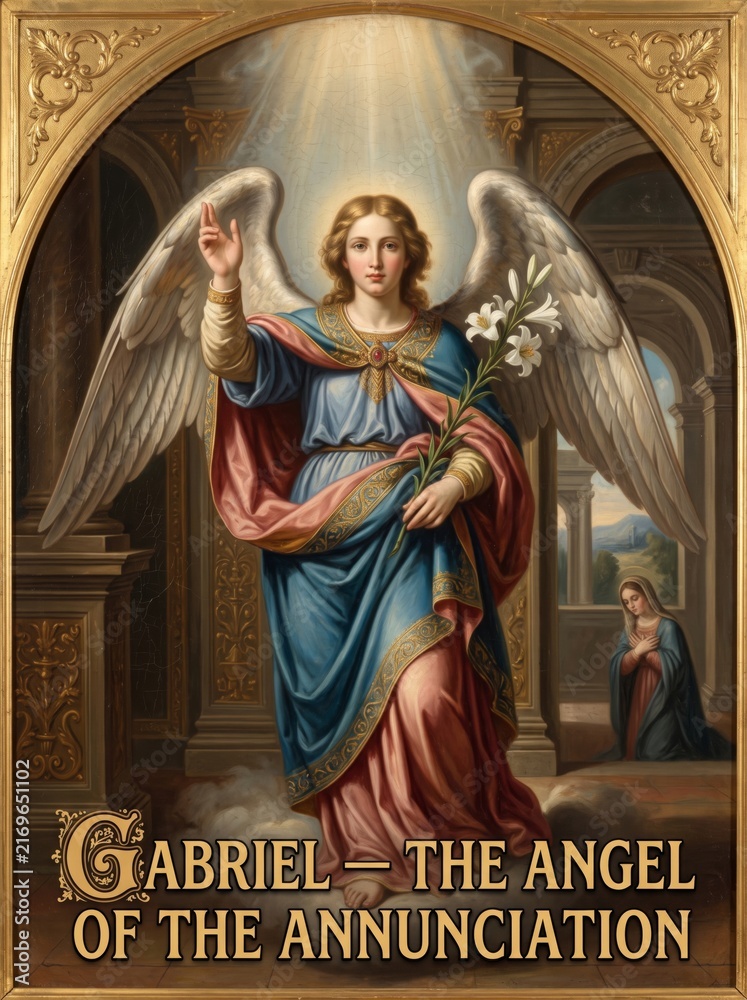 Fototapeta premium Archangel Gabriel holding white lilies and announcing the Annunciation to Mary in an ornate sacred interior. Classical religious painting symbolizing faith, revelation, peace, and divine message.
