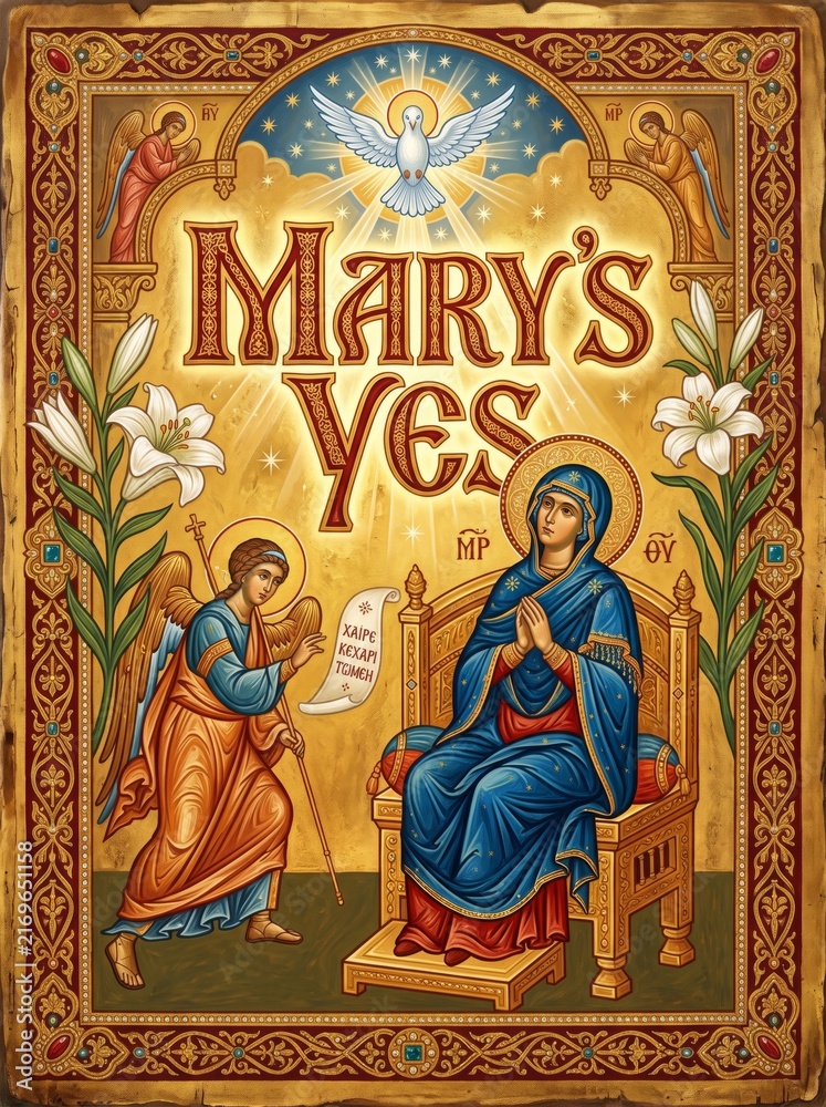 Fototapeta premium Orthodox Christian icon depicting the Annunciation, angel Gabriel greeting the Virgin Mary beneath the Holy Spirit dove, ornate sacred art for religious celebration and Easter greeting card