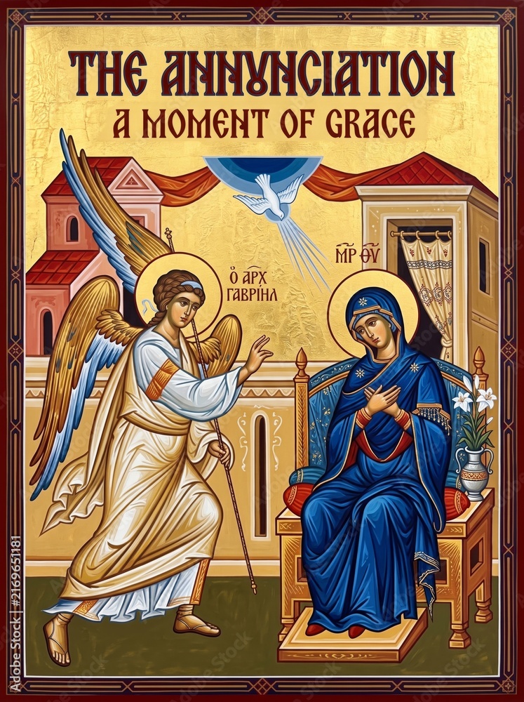 Fototapeta premium Religious icon depicting the Annunciation with angel Gabriel visiting the Virgin Mary in an ornate Byzantine interior. Christian artwork symbolizing faith, grace, and divine message.