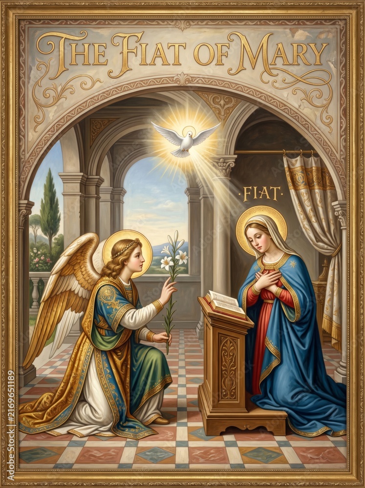 Fototapeta premium The Annunciation depicted as an ornate religious painting with angel Gabriel presenting lilies to the Virgin Mary beneath a radiant dove in a classical church interior