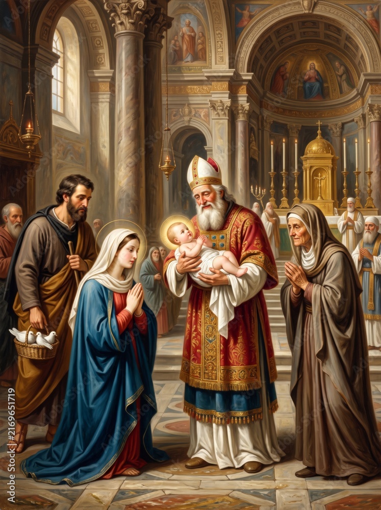 Naklejka premium Biblical presentation of infant Jesus by Mary and Joseph to an elderly priest in an ornate church. Religious ceremony, faith, devotion, and sacred Christian tradition.