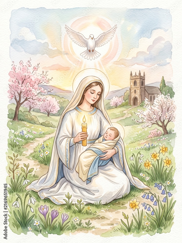 Naklejka premium Virgin Mary holding sleeping baby Jesus with a candle beneath a dove in a spring church landscape. Religious Christian illustration symbolizing motherhood, faith, peace, and hope.