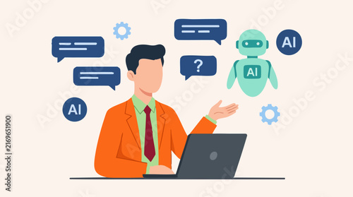 Businessman interacting with AI chatbot on laptop, artificial intelligence concept