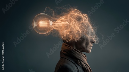 Man with a light bulb in his head creative portrait
