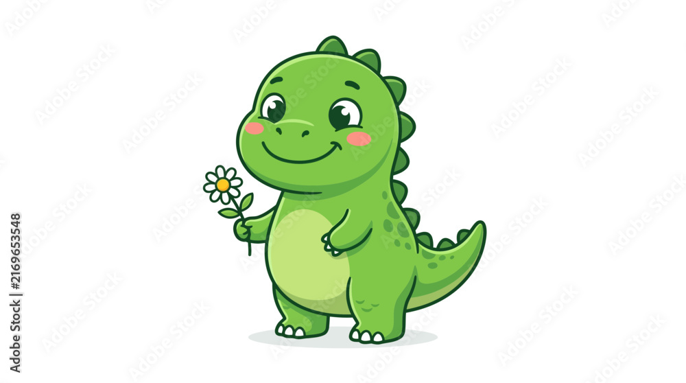 Fototapeta premium Green dinosaur character holding a daisy flower.