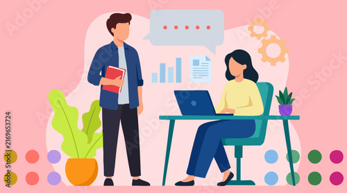 Business team collaboration with data analysis and communication illustration