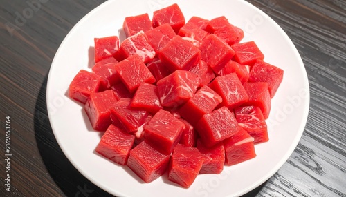 Fresh raw beef cubes on a white plate, ready for cooking delicious and healthy meals