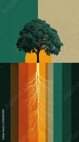 Tree with a large root in the middle of a colorful background genealogy tree concept