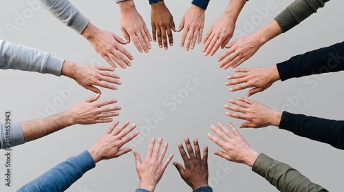 Diverse group of people placing their hands together in a circle forming a unity symbol.