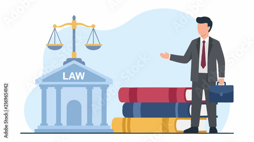 Legal professional with law books, justice scales, and courthouse building