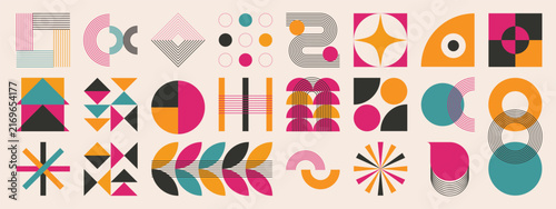 Abstract geometric elements collection. Vector retro shapes, circles, arches, lines and colorful modular symbols in mid century inspired design for posters, branding and decoration.