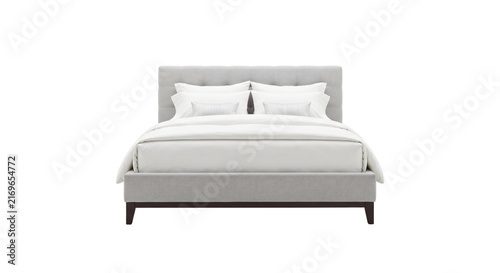 Фотография Modern light grey upholstered bed with white bedding