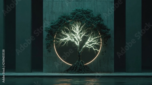 Tree with a circular light in front of a concrete wall genealogy tree concept