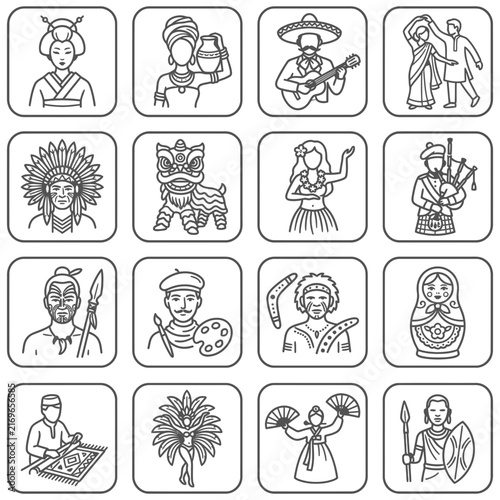 Linear ethnic icons depicting cultural diversity and world traditions, featuring global heritage symbols and people in traditional costumes from