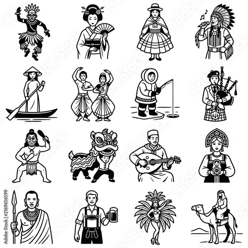 Vector set of traditional costume icons representing cultural diversity and world heritage from a global ethnic and folk art perspective.