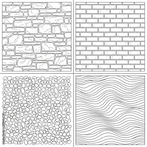 A diverse set of monochrome texture and pattern background designs including classic brick, rustic stone, topographic maps, and grainy noise.