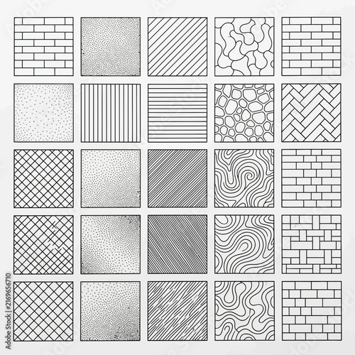 Comprehensive set of architectural hatching and seamless patterns, including geometric textures and minimalist swatches for technical drawings.