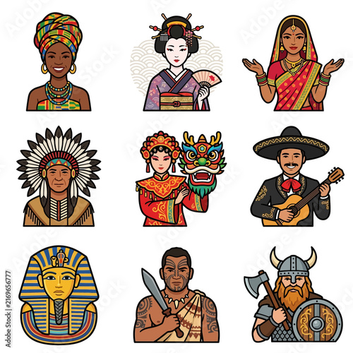 Set of diverse world people representing local culture and tradition through historical costume and ethnic dress